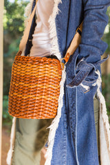 Woven Basket Bag: Designer Vegan Bag in Camel Brown - THE WILD SHOWCASE