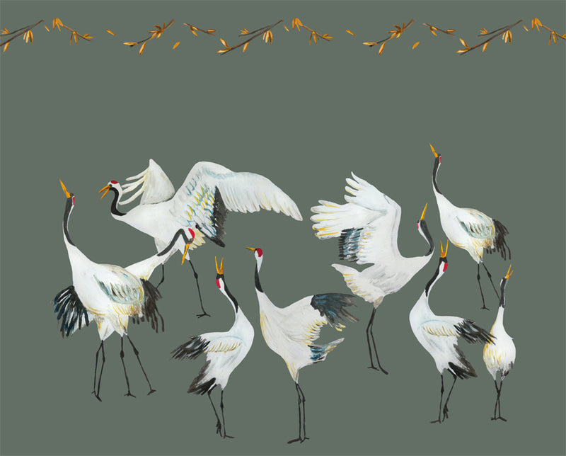 Wallpaper cranes green Japanese Crane Dance