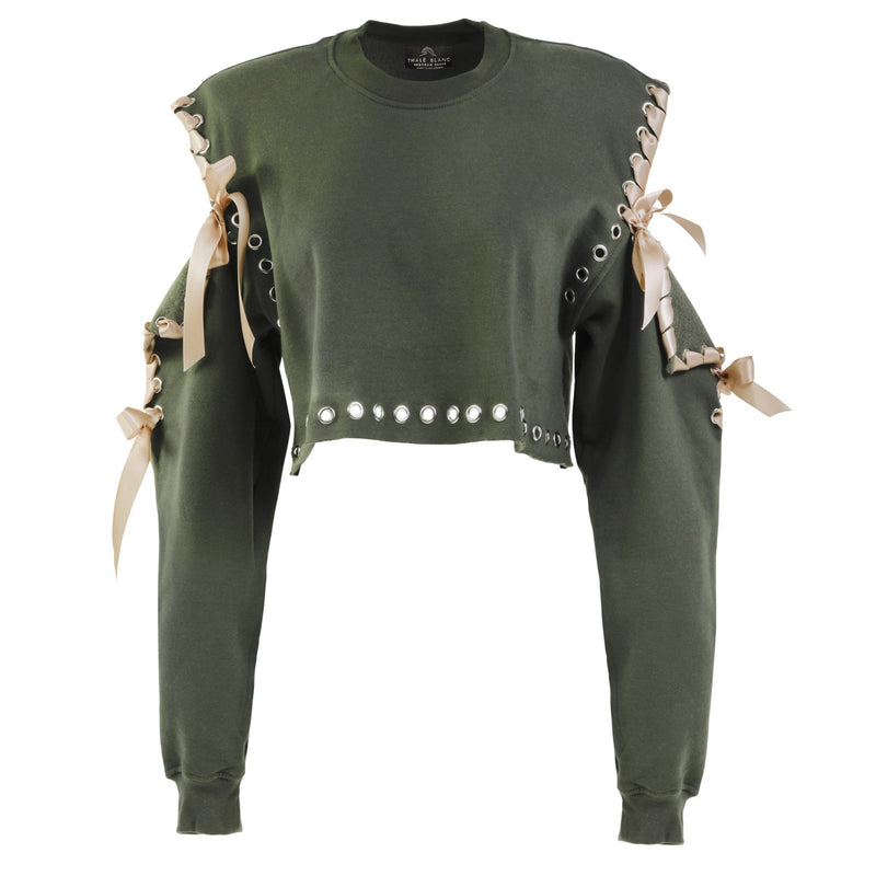 Cold Shoulder Long Sleeve Crewneck in Olive - THE WILD SHOWCASE