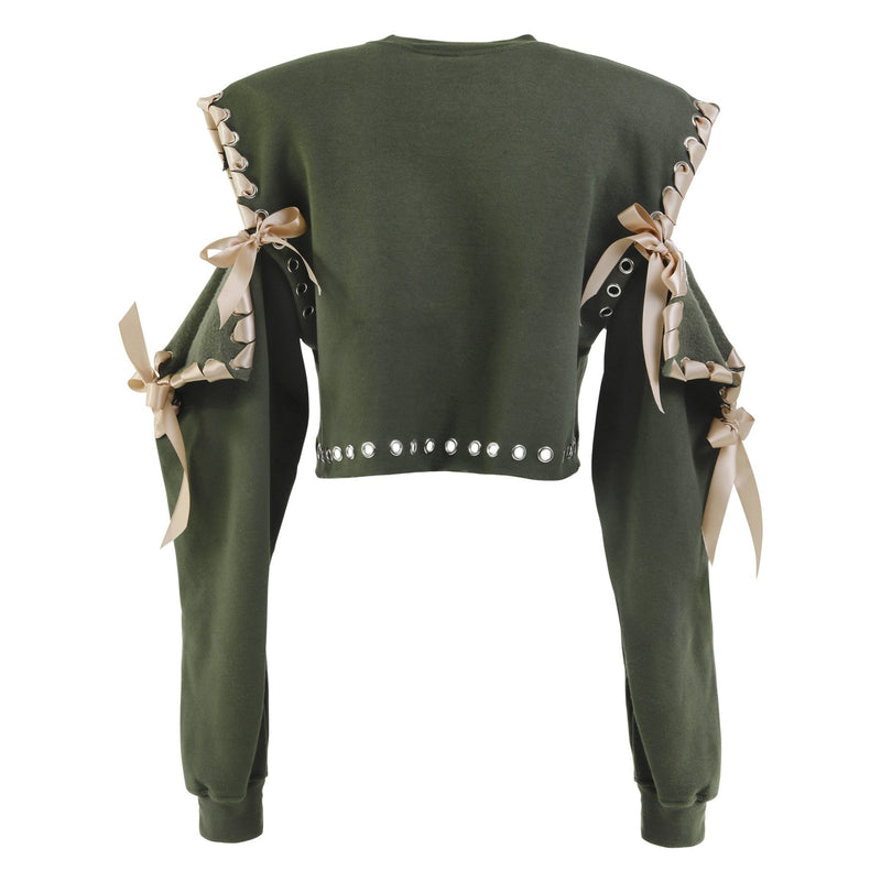 Cold Shoulder Long Sleeve Crewneck in Olive - THE WILD SHOWCASE
