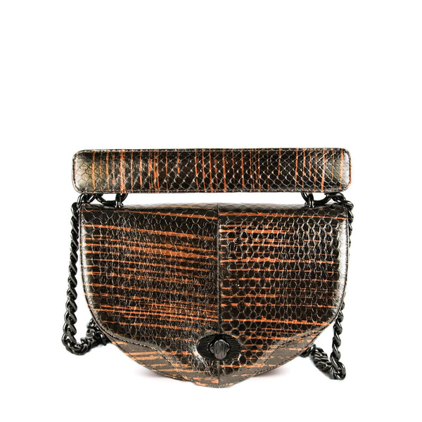 Crescent Crossbody: Designer Crossbody Chain Handbag in Brown Snakeskin - THE WILD SHOWCASE