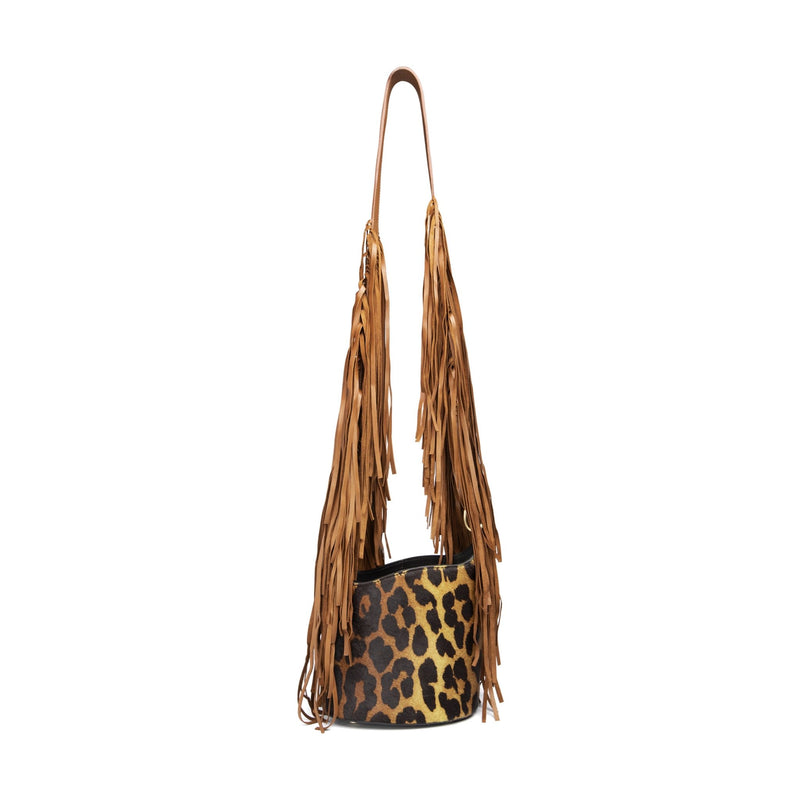 Dune Mini Bucket Bag: Designer Leopard Print Bag with Fringe - THE WILD SHOWCASE