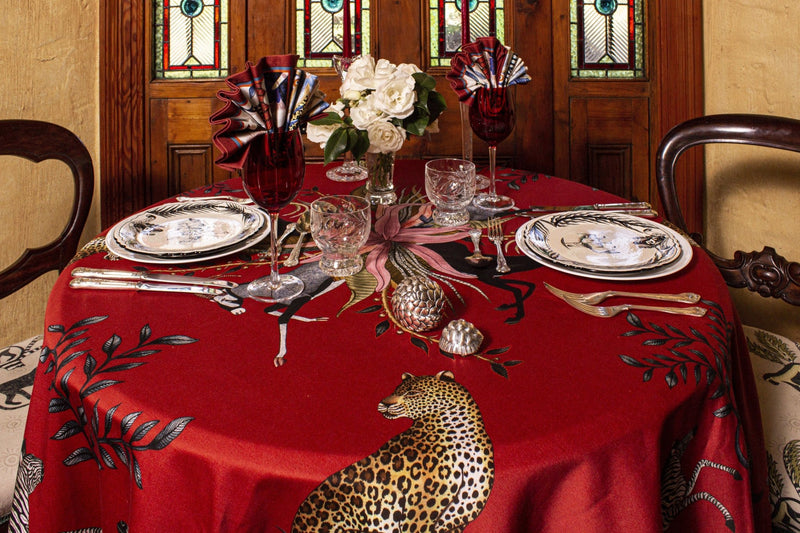 Leopard Lily Square Tablecloth in Royal Red - THE WILD SHOWCASE