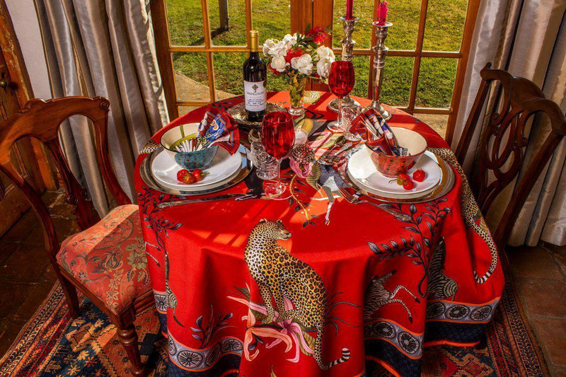 Leopard Lily Square Tablecloth in Royal Red - THE WILD SHOWCASE