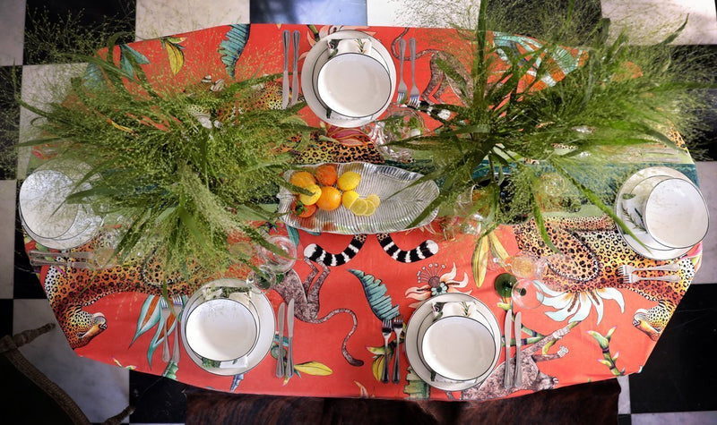 Monkey Paradise Tablecloth in Coral - THE WILD SHOWCASE